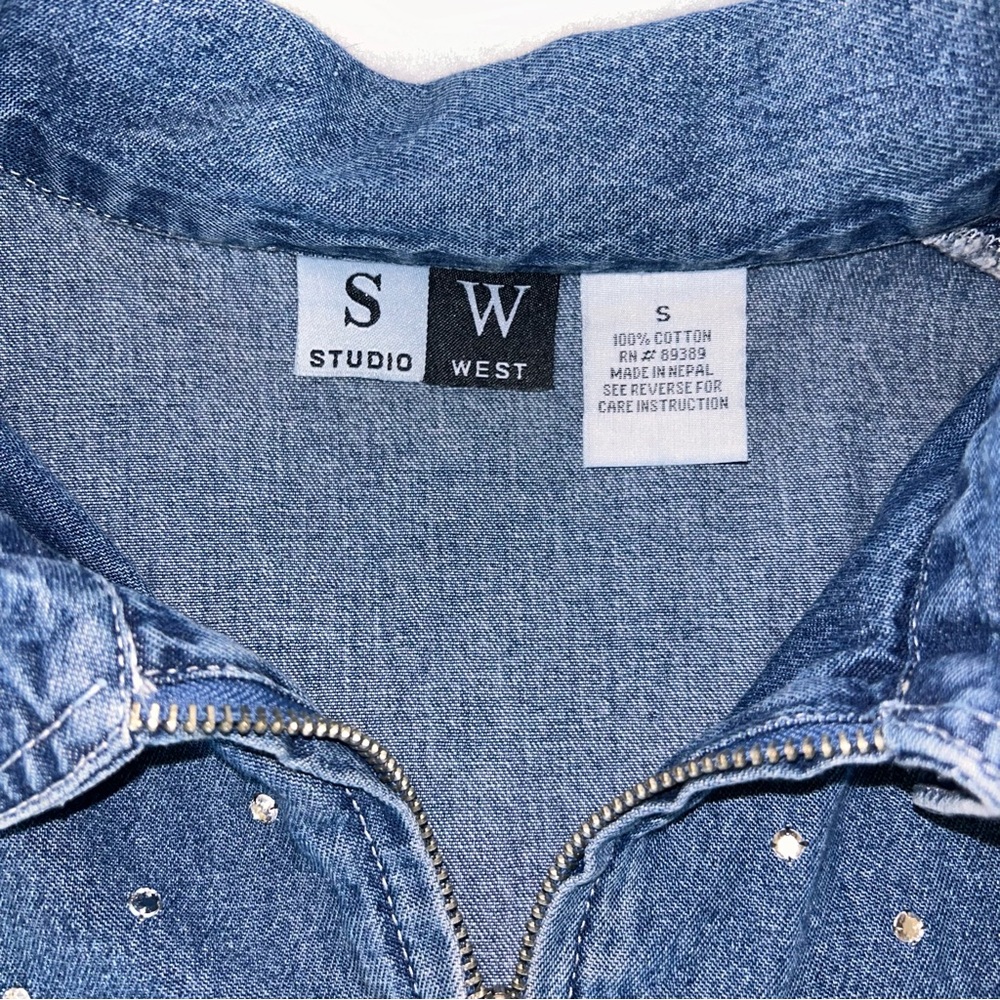 Vintage Blue Denim Zip Up top with Stud Accents - Picture 3 of 5